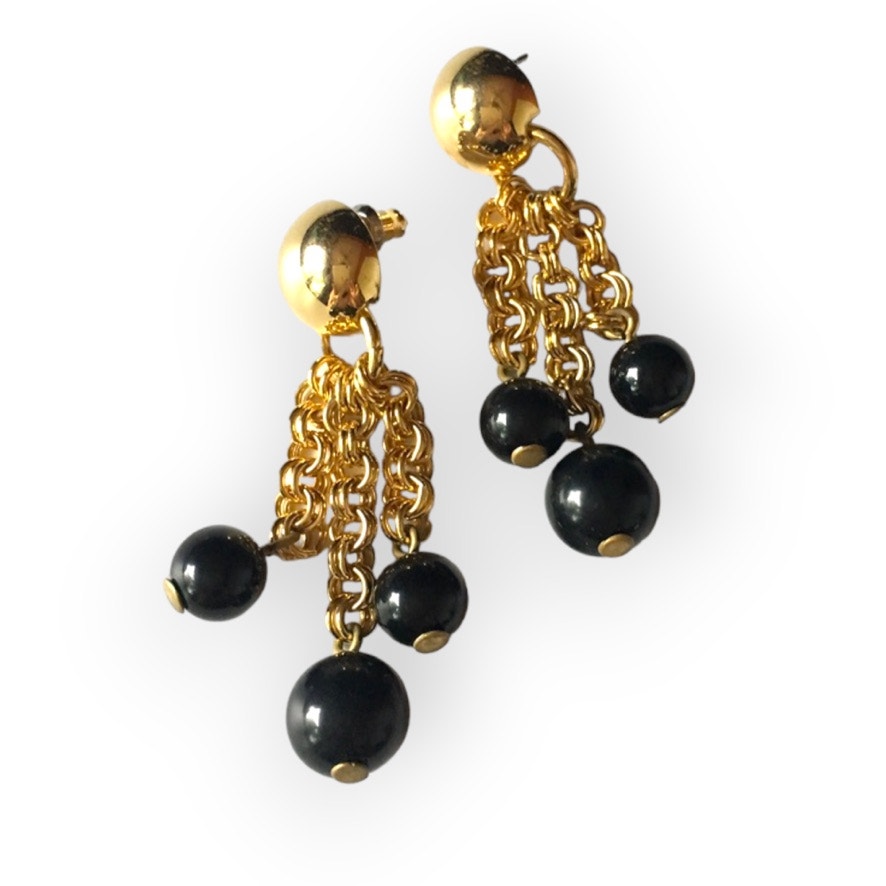 Sturdy Gold Tone Chain Link Dangle/Drop Earrings With Black Accents